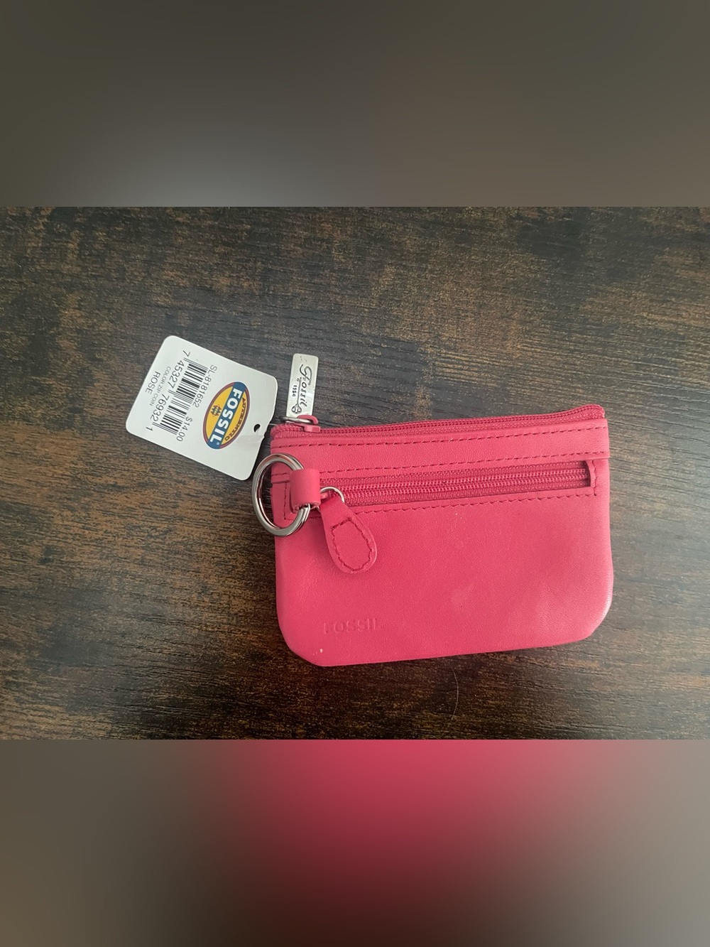 Fossil Hot Pink Leather Zip Key & Card Holder